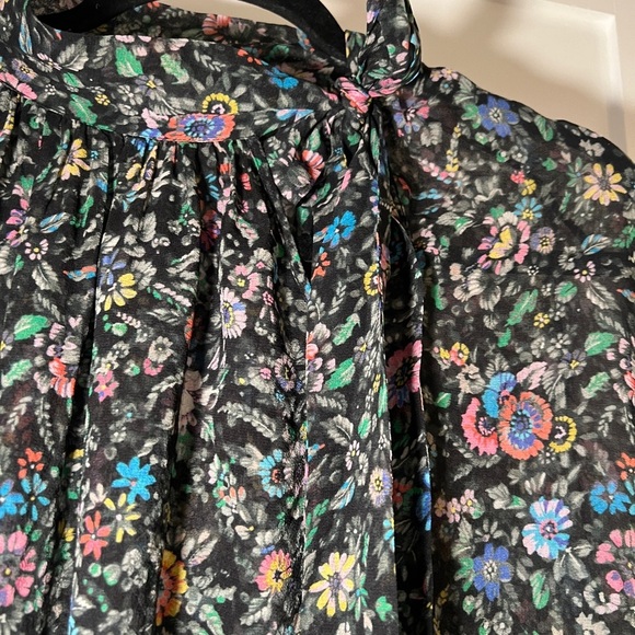 Megan Park Black Floral Silk Blouse Short Sleeves Tie Neck size 2 Top 80s Boho - Picture 7 of 7